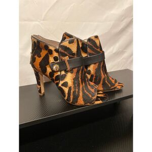 Louise et Cie Lo Lander 3 Leopard Bootie Calf Pony Hair Fur Peep Heel Zip Gold
